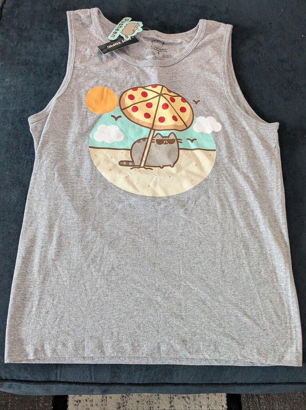 NWT! Pusheen Racerback Grey Tank Top Pizza Umbrella Beach Print Size S